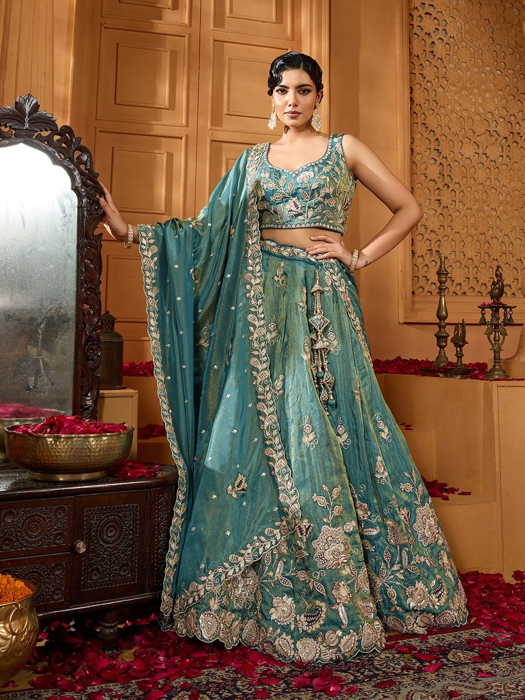 Green - Tissue Fabric Sequinse embroidery Semi-Stitched Lehenga & Unstitched Blouse With Dupatta