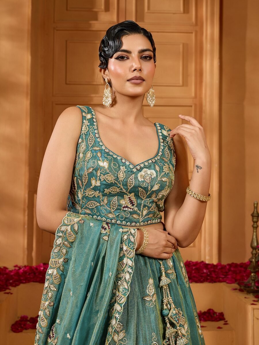 Green - Tissue Fabric Sequinse embroidery Semi-Stitched Lehenga & Unstitched Blouse With Dupatta