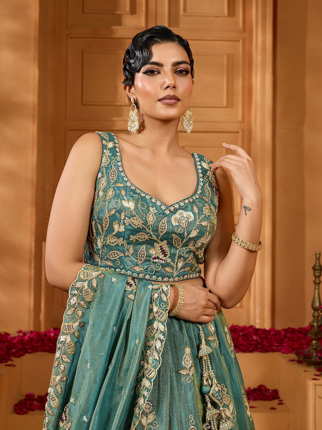 Green - Tissue Fabric Sequinse embroidery Semi-Stitched Lehenga & Unstitched Blouse With Dupatta