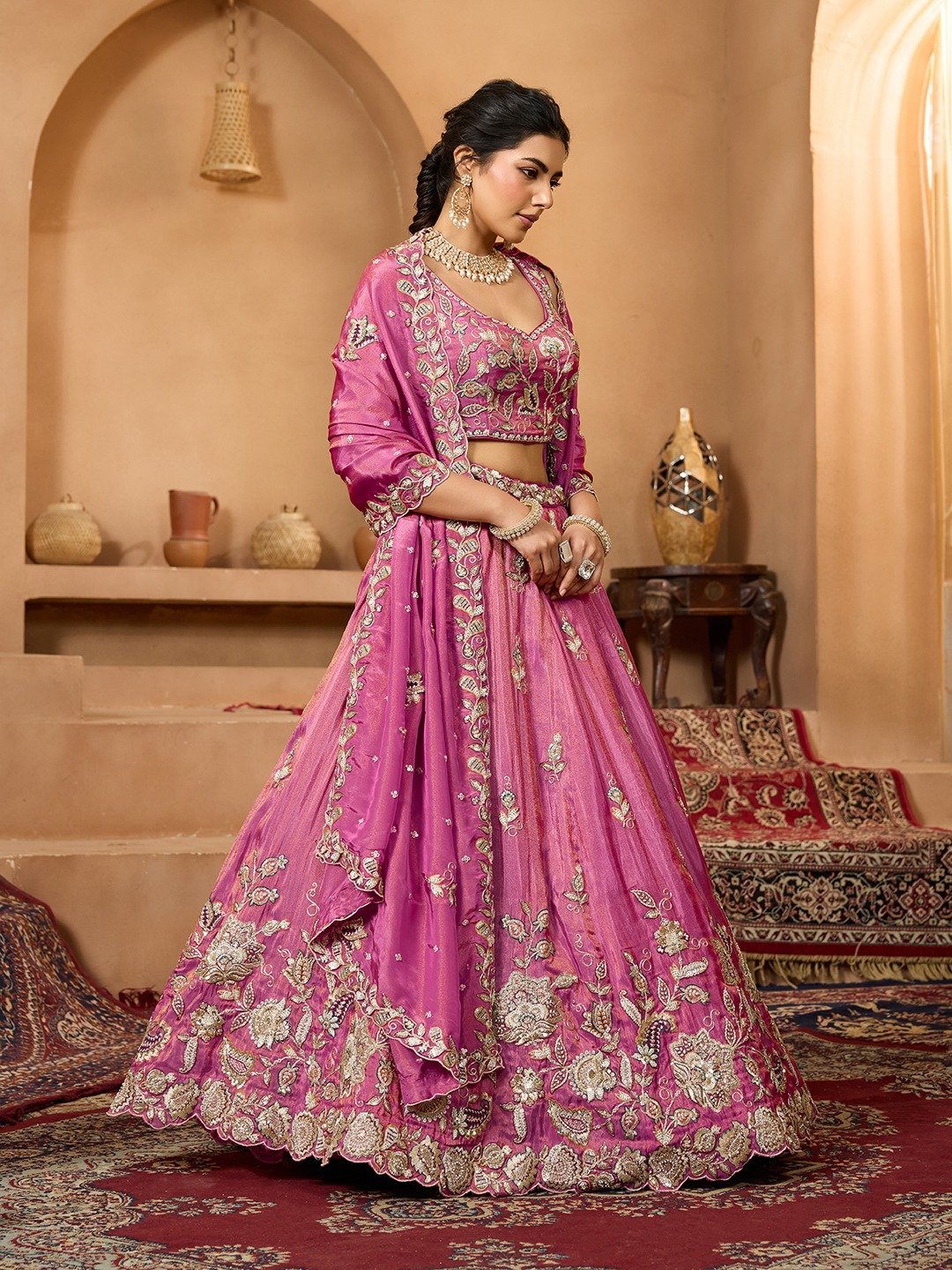 Pink - Tissue Fabric Sequinse embroidery Semi-Stitched Lehenga & Unstitched Blouse With Dupatta