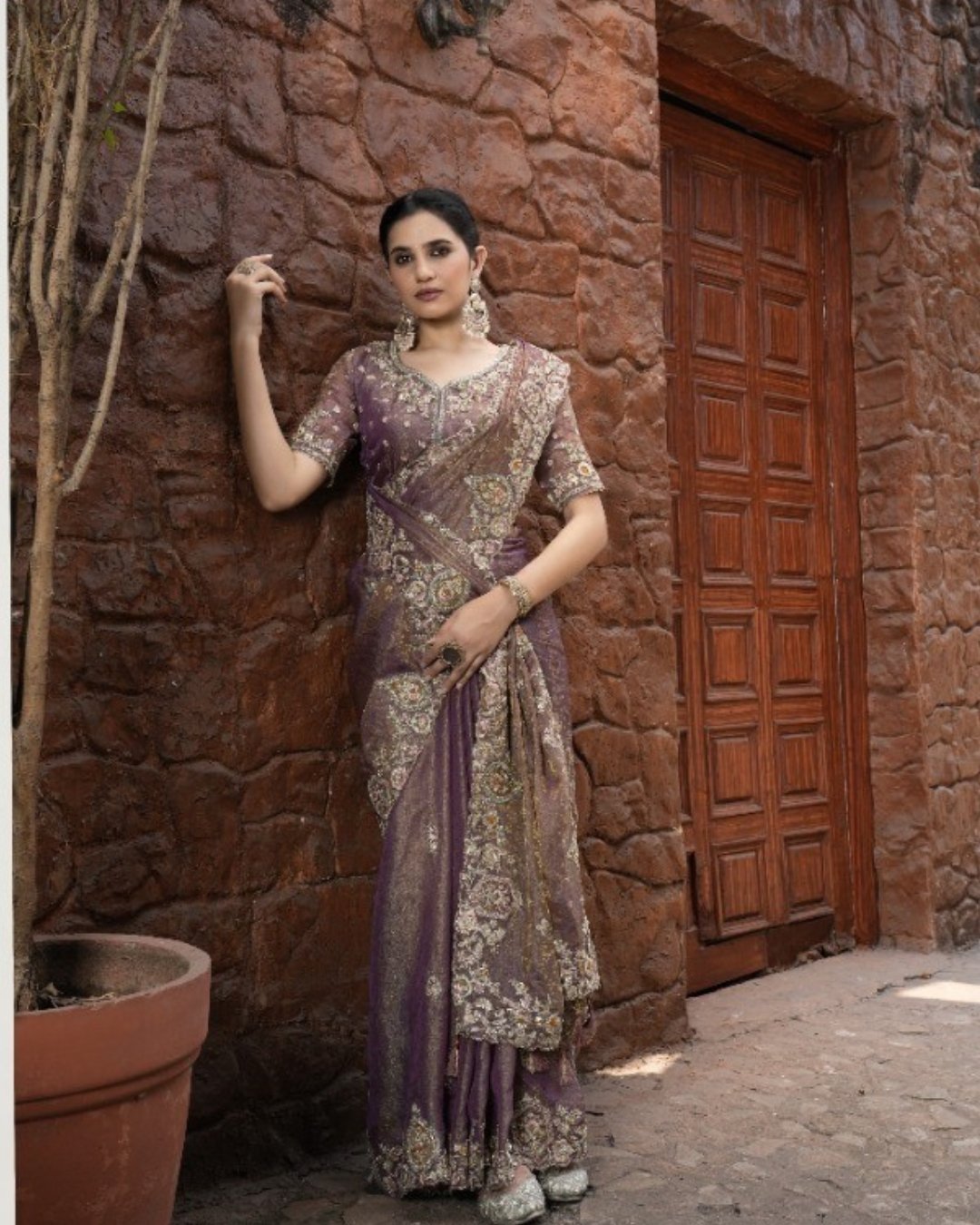 Copper Colour Silk Hand Embroidered Stone And Beads Work Saree Wedding Wear