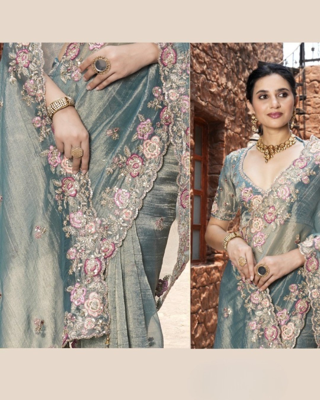 Sky Blue Silk Hand Embroidered Stone And Beads Work Saree Wedding Wear