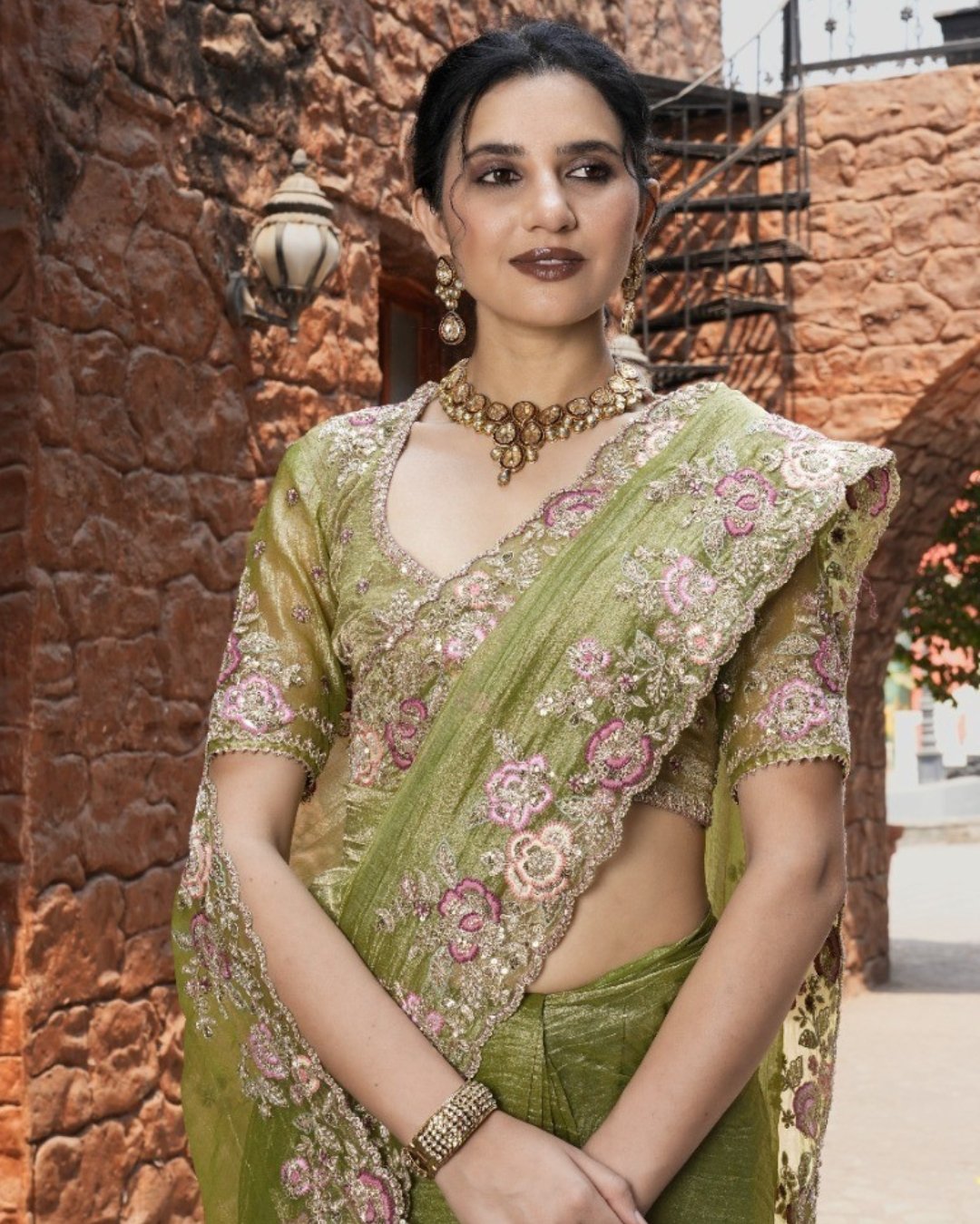 Olive Green Silk Hand Embroidered Stone And Beads Work Saree Wedding Wear