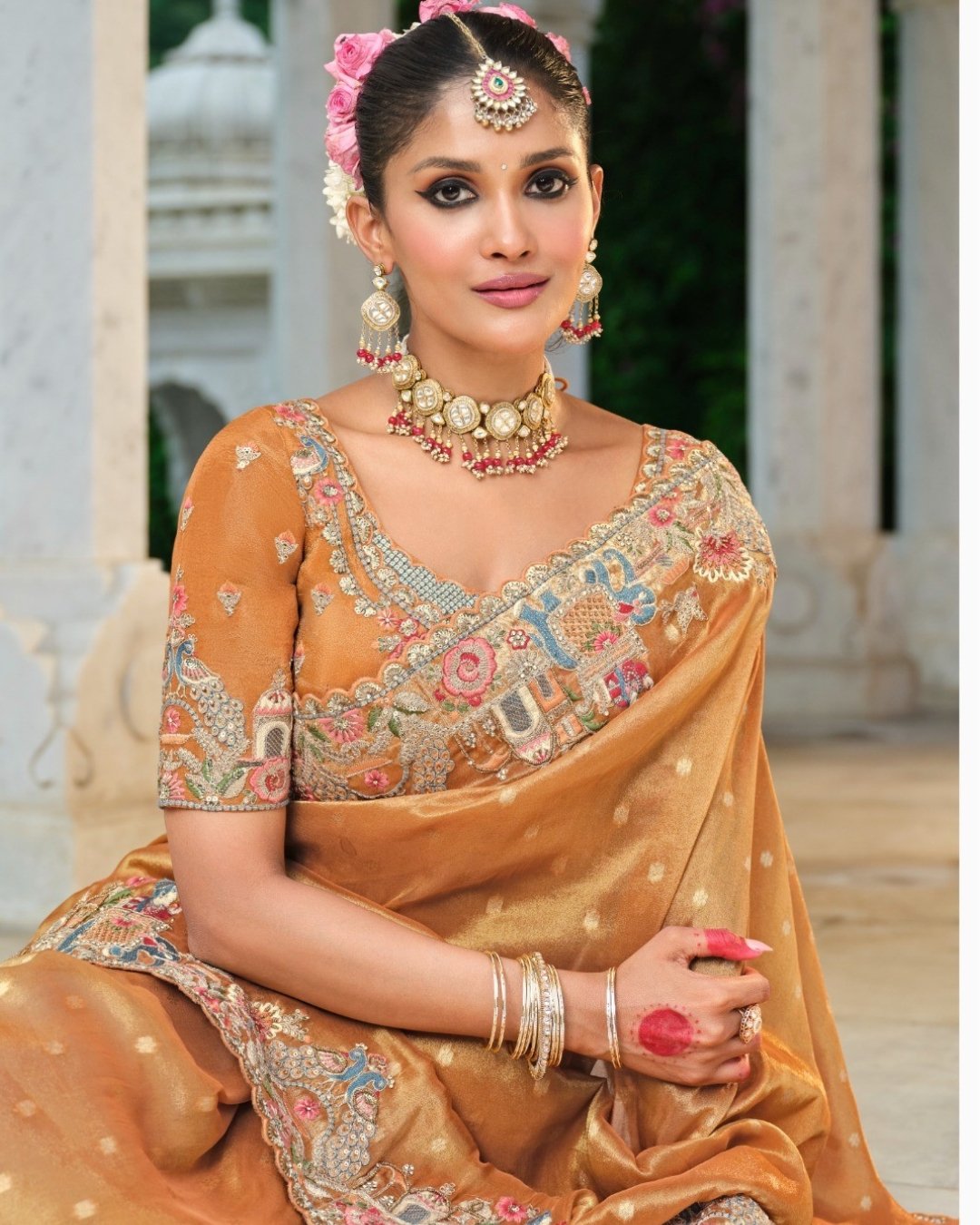 Orange Colour Tissue Zari Saree with Olive Green Embroidered Border & Silk Blouse