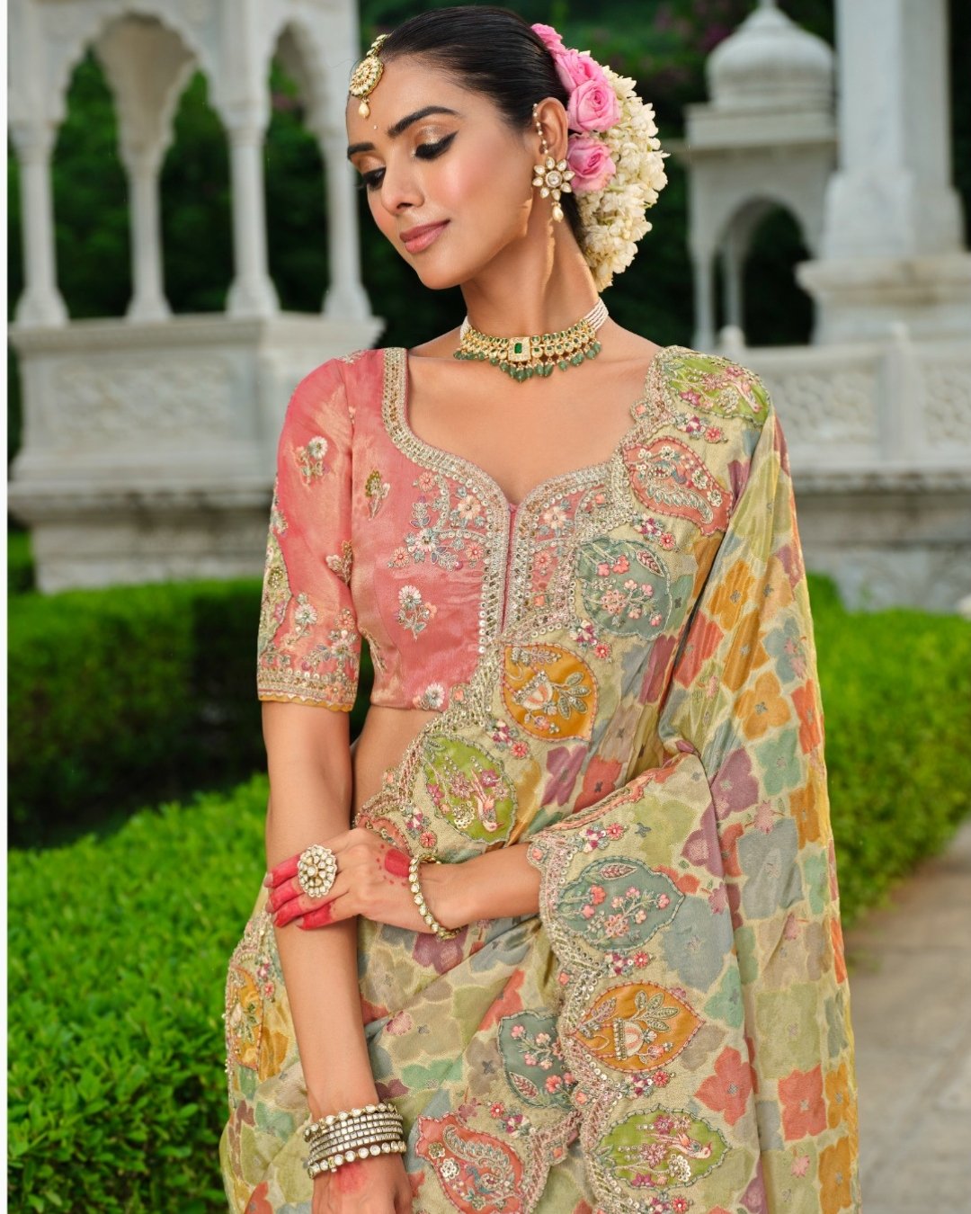 Colourfull Tissue Zari Saree with Olive Green Embroidered Border & Silk Blouse