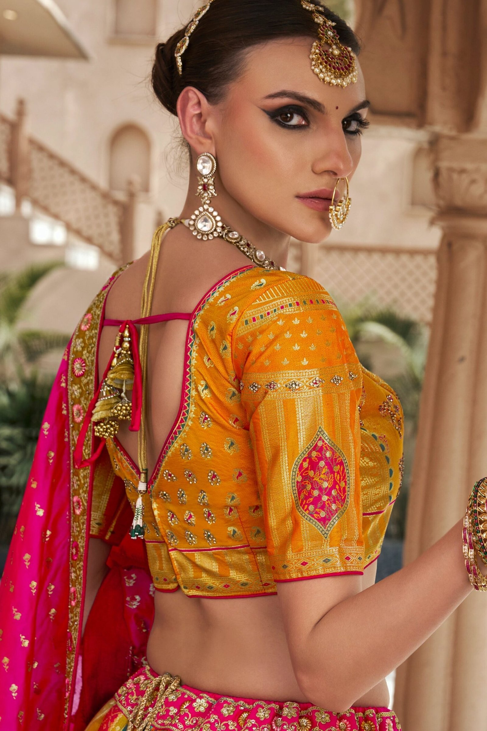 Yellow Multicolour Banarasi Silk Embroidered Lehenga
