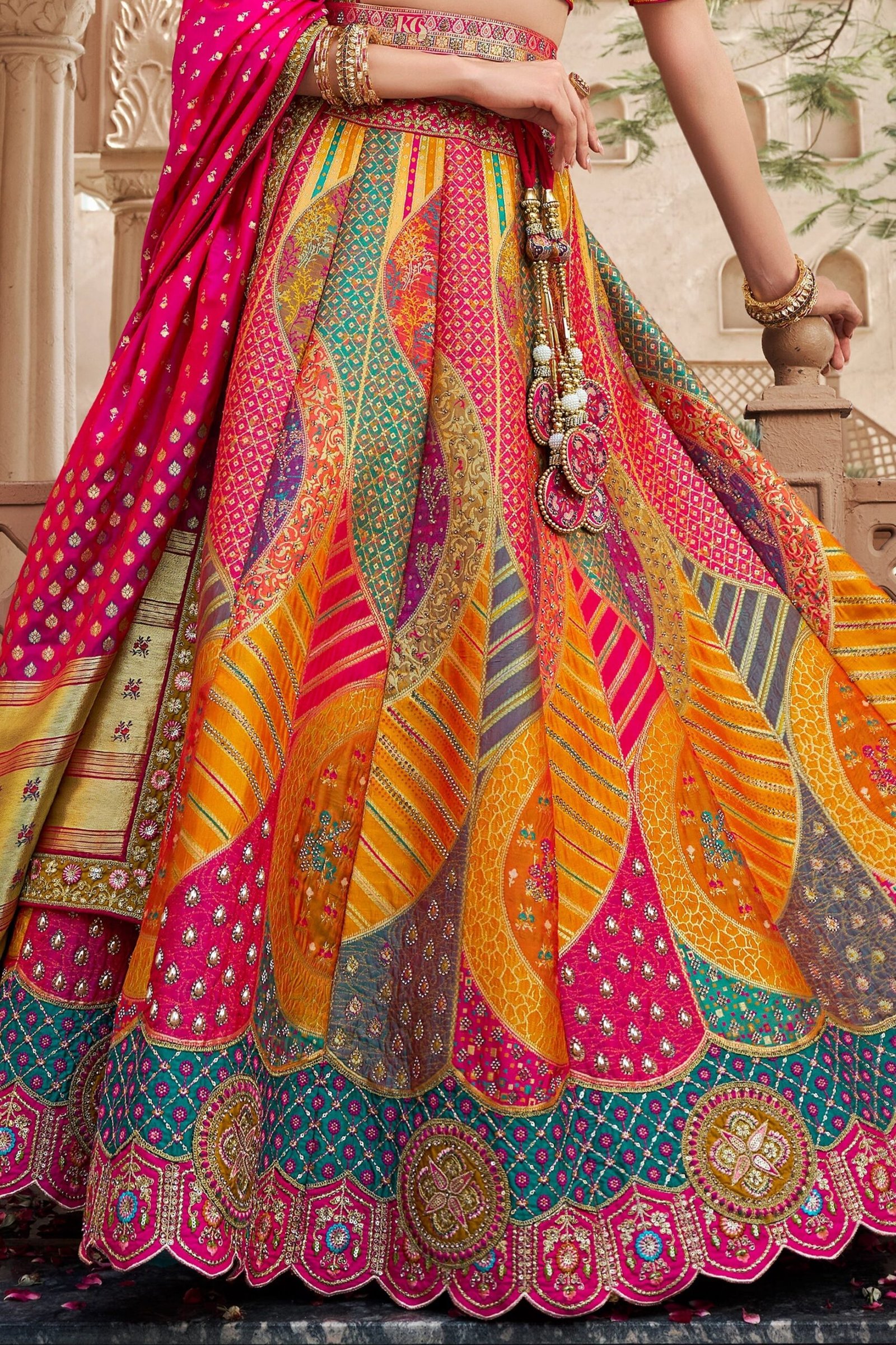Yellow Multicolour Banarasi Silk Embroidered Lehenga